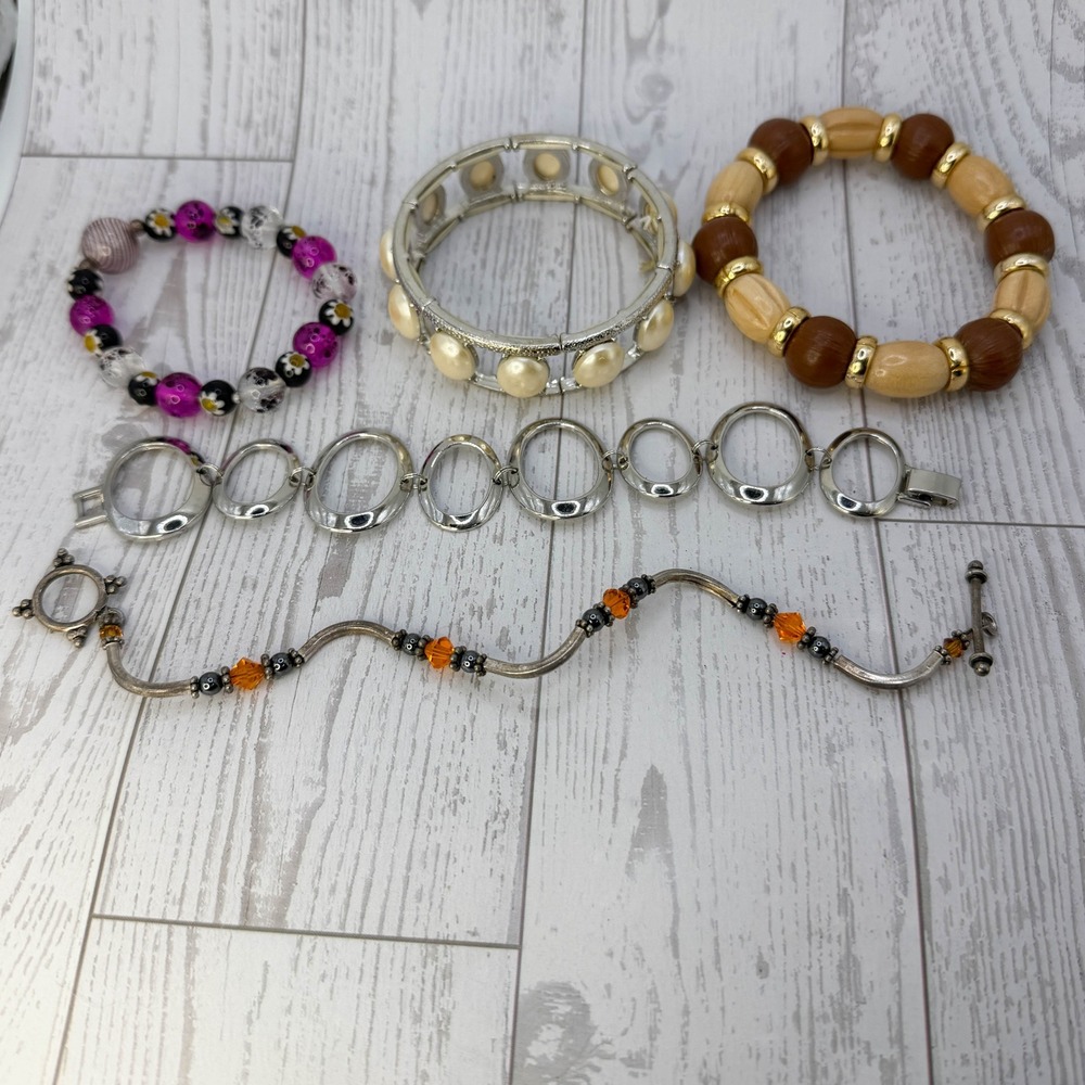 Mixed Fashion Bracelet Lot 5pc Glass Wood Faux Pearl Silver Tone Beaded Set